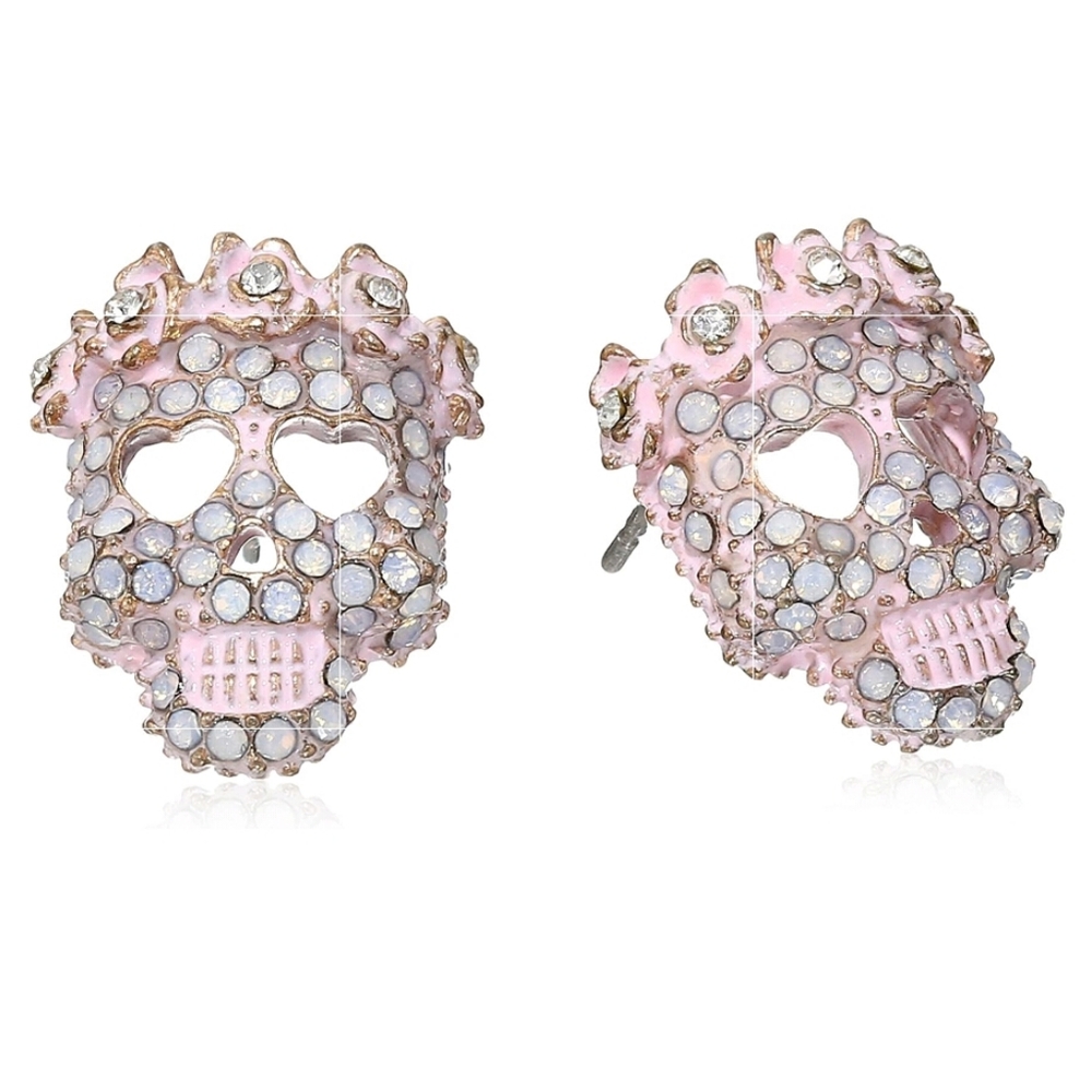 Betsey Johnson Day of the Dead Pinktina Patina Crystal Skull Stud Earrings